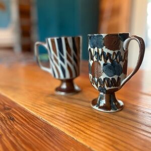 Hand Painted Mugs footed MCM Vibes Handled Brown Blue Cream Eclectic Arts